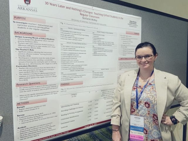 Stefanie won the Teachers Education Division (Graduate Student) Outstanding Quantitative Award recently at the Council of Exceptional Children Conference in Orlando. “I see myself as a qualitative researcher so this was pretty special to me,” she said. “This was also my first research project, and I have circled back to it over my studies.”