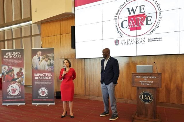 University of Arkansas Chancellor Charles F. Robinson is introduced by Dean Kate Mamiseishvili of the College of Education and Health Professions at the Oct. 20, 2023, meeting of the Dean’s Executive Advisory Board.