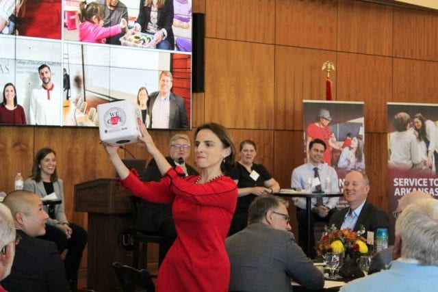 Dean Kate Mamiseishvili of the College of Education and Health Professions catches the microphone toss box at the Oct. 20, 2023, meeting of the Dean’s Executive Advisory Board.